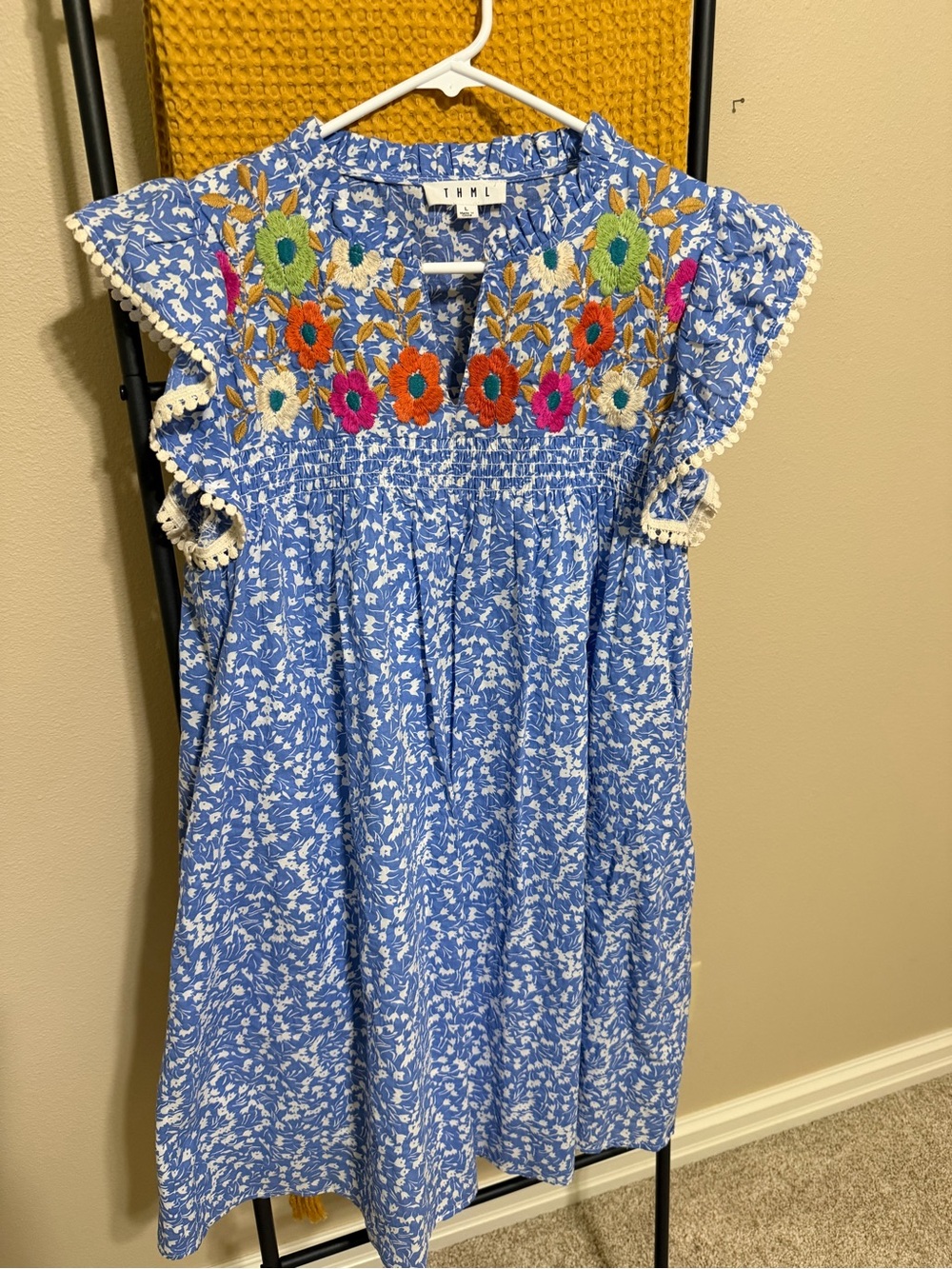 Anthropologie  THML  🔥 🆕 Blue Floral Embroidered Ruffle Dress